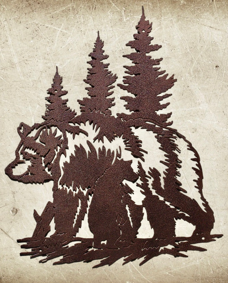 Bear with Bear and Trees Scene Metal Wall Art